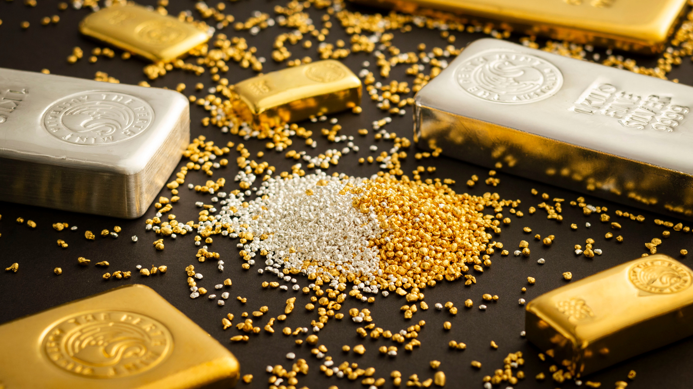 gold and silver Perth Mint bars around silver and gold granules