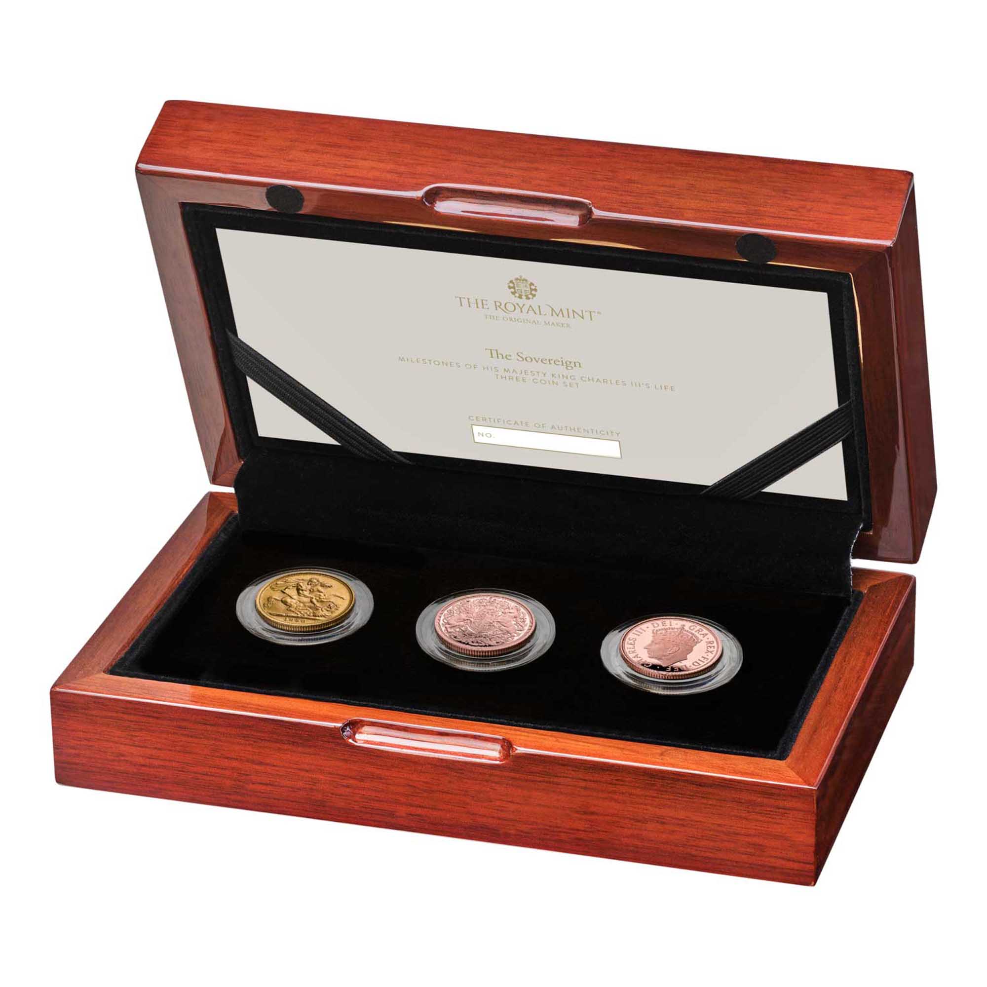 08 HISMCSET  Milestones of His Majesty the King Three Coin Set case left
