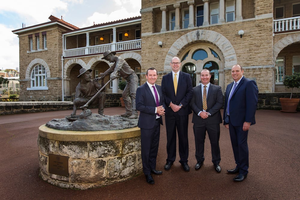 Premier McGowan, Perth Mint CEO Richard Hayes, Go West Tours GM David Haoust and Newmont Boddington Mine GM Jim Cooper at the launch.