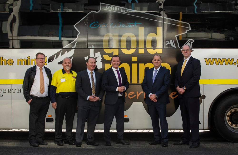 Shire of Boddington CEO Chris Littlemore, Go West Tour Mine to Mint tour leader David Smart, Go West Tours GM David Haoust, Premier the Honourable Mark McGowan MLA, Newmont Boddinton Mine GM Jim Cooper and Perth Mint CEO Richard Hayes.