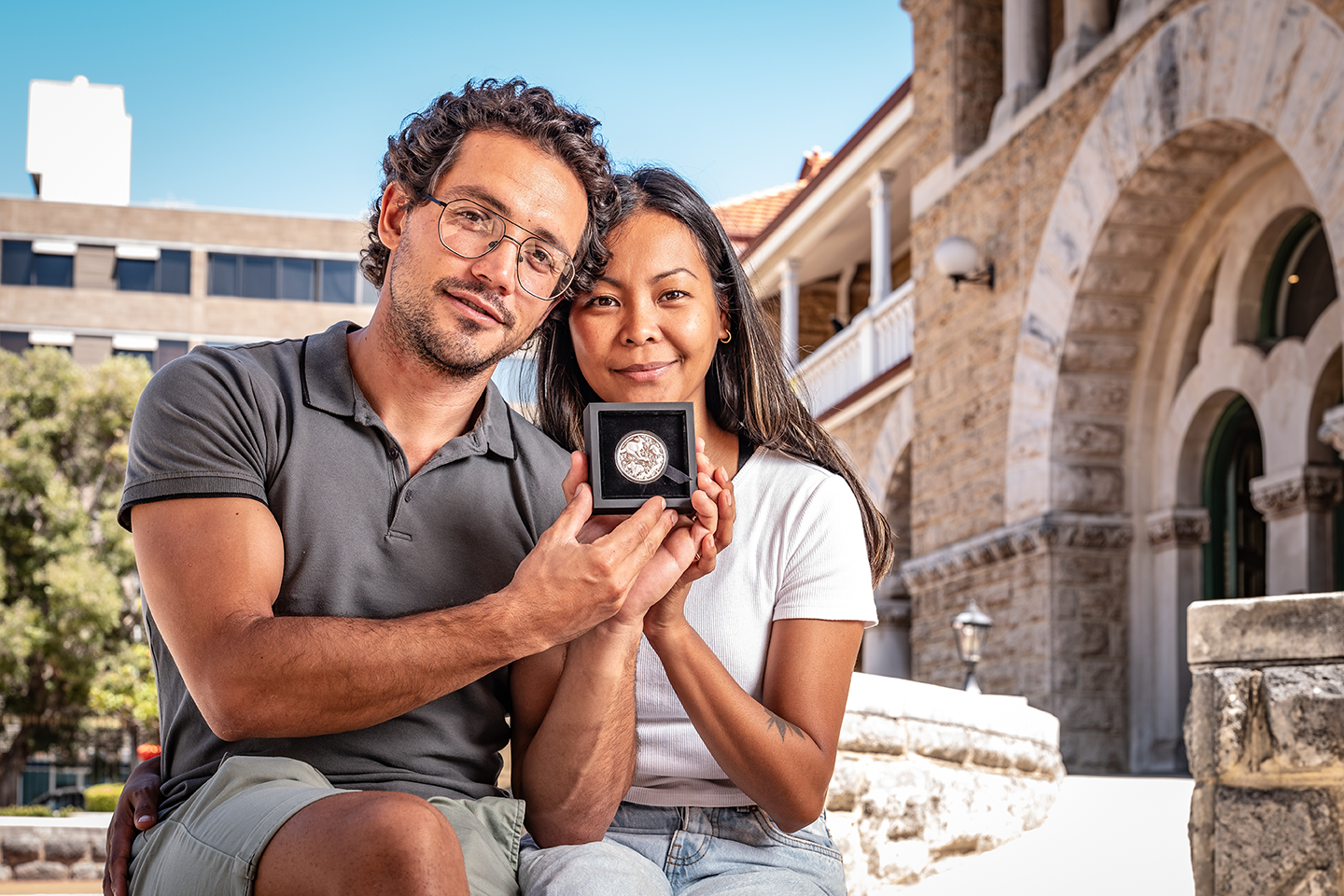 Diego Marcelli and his wife Maria in front of the iconic Perth Mint building